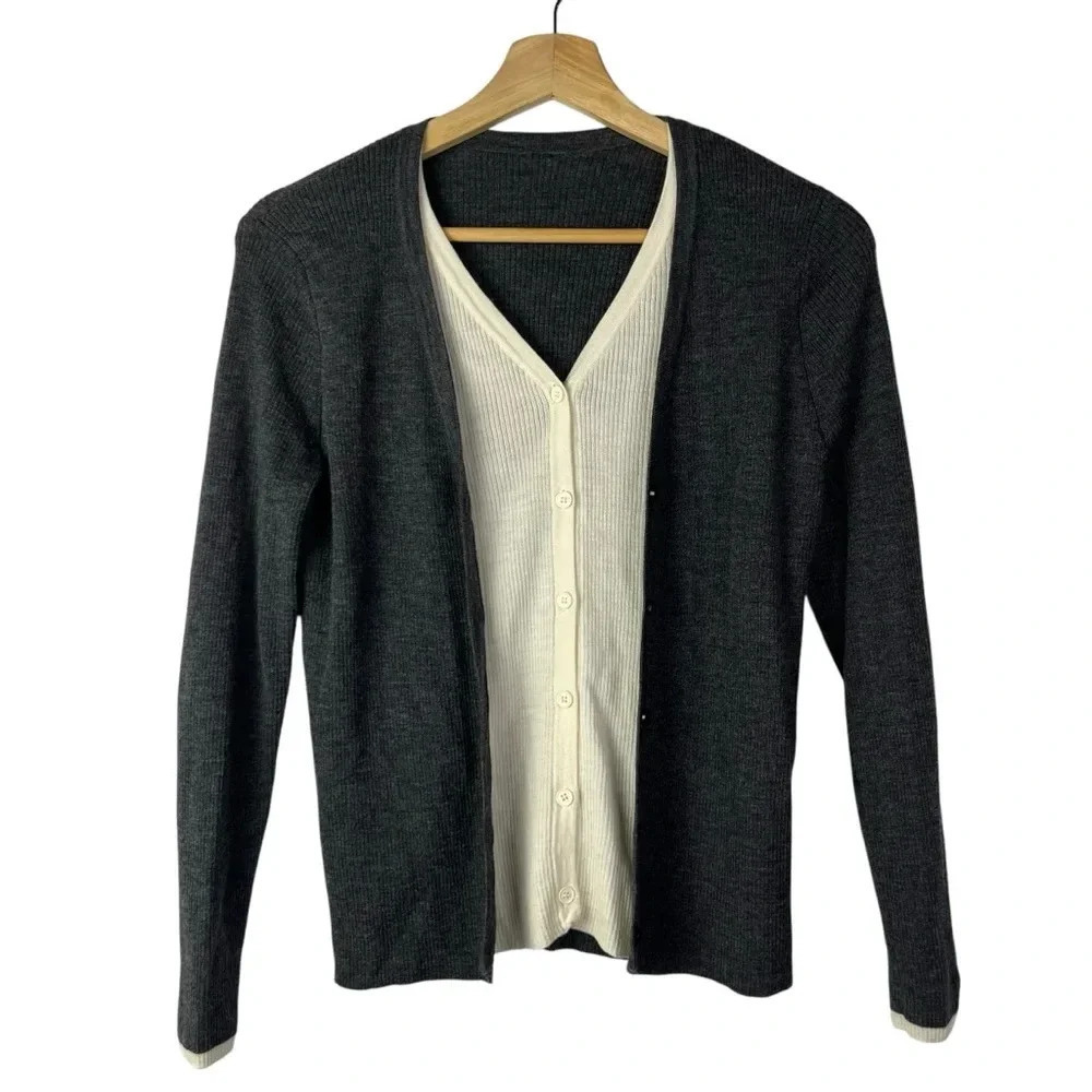 Boutique Gray & Cream Ribbed Layered Long Sleeve Top S